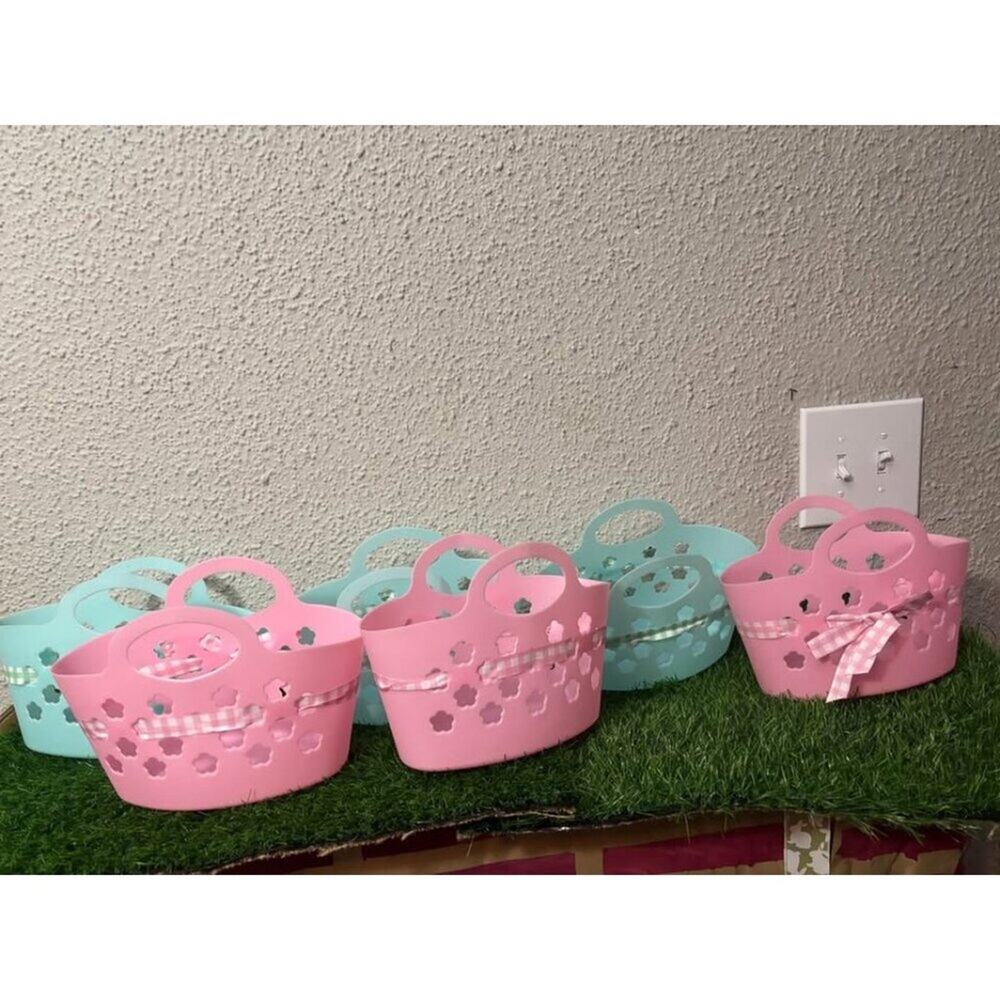 Easter Holiday Baskets Set of 6 Gingham Ribbon Pink/Blue Unisex Egg Hunts VBS